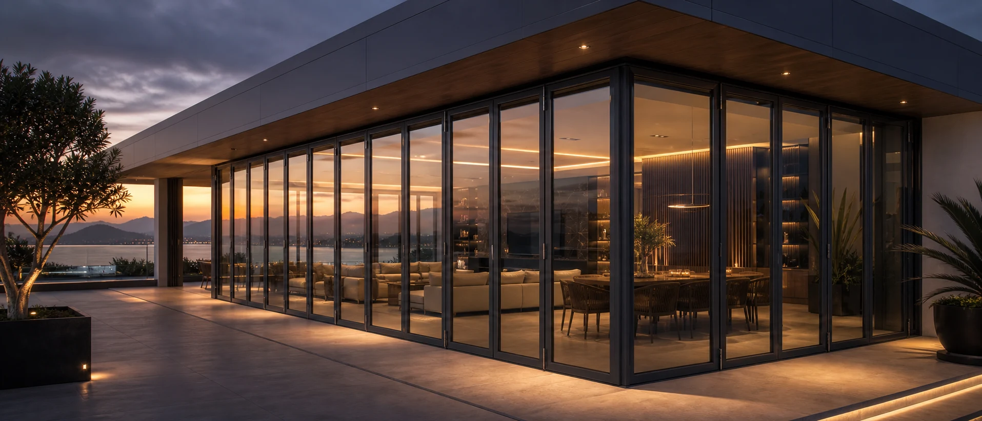 Graphite grey LIKI folding glass wall system fully closed across a minimal 90-degree pavilion corner